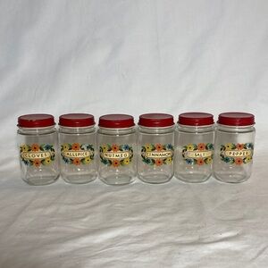 Vintage Set of 6 Glass Spice Jars with Red Metal Lids